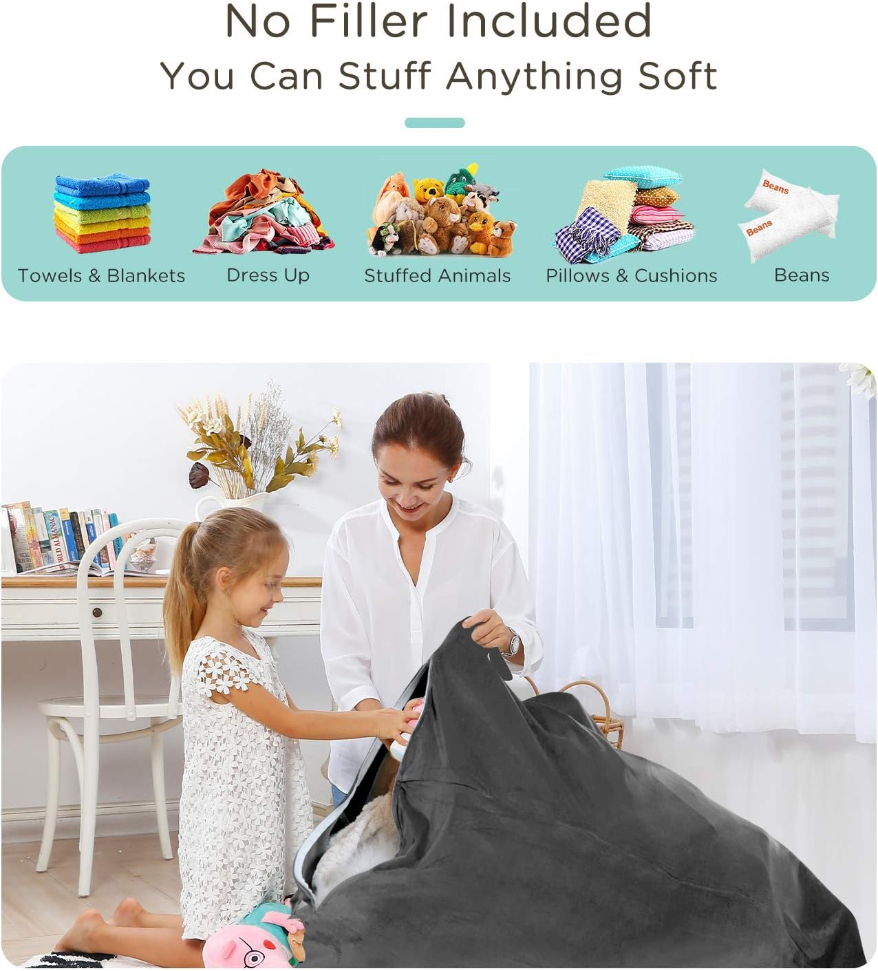 Aubliss Stuffed Animal Storage Bean Bag Chairs Cover, 50"x 35" Extra Large Velvet Bean Bags Chair for Kids & Adults, Ultra Soft Zipper Beanbag Toy Storage for Boys Girls - Darkgrey