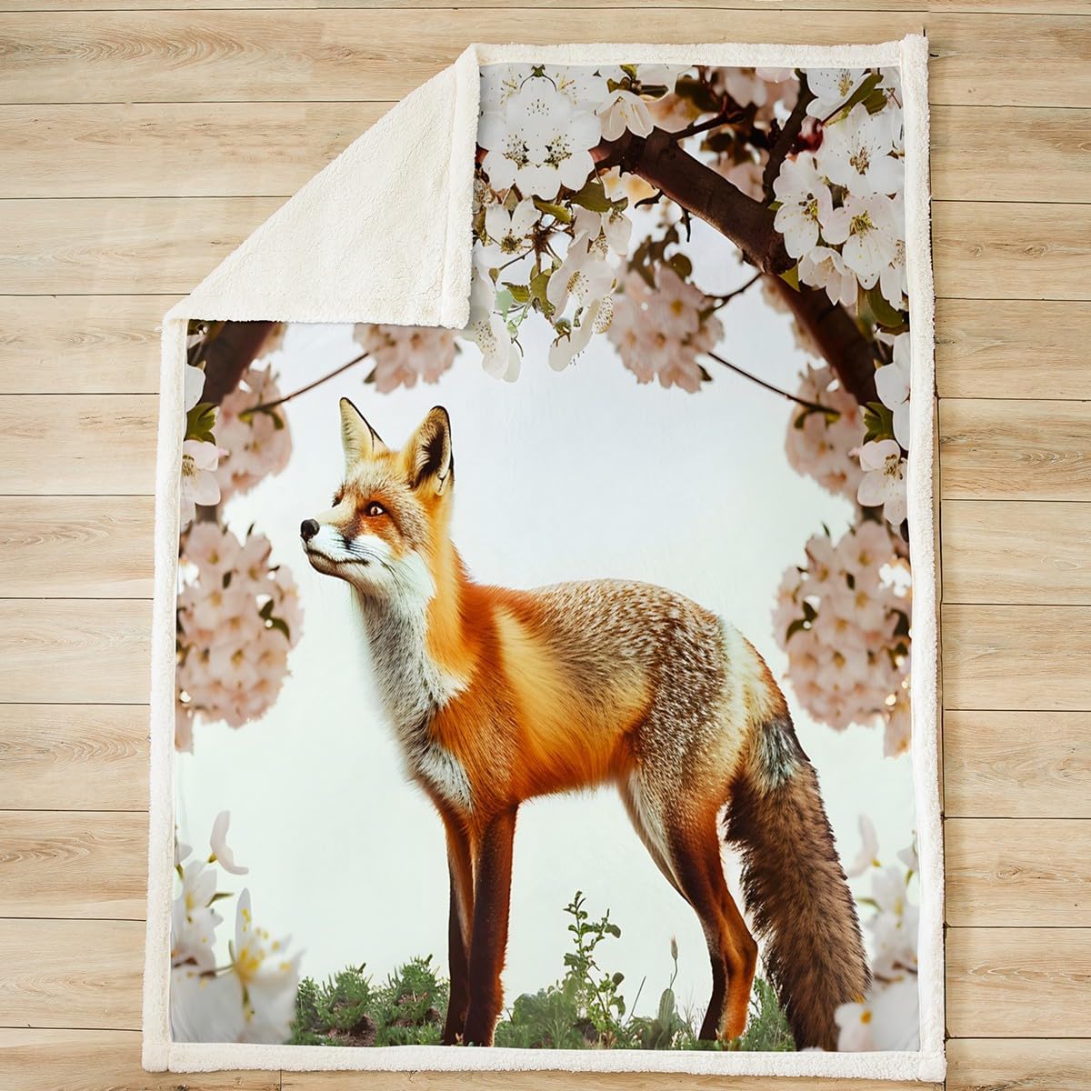 Feelyou Fox Sherpa Blanket for Bed Sofa Couch 40"x50" Cute Cartoon Fox Fleece Throw Blanket Ultra Soft Woodland Fox Plush Blanket Wild Animal Fuzzy Blanket Room Decor Cherry Blossoms Flannal Blanket