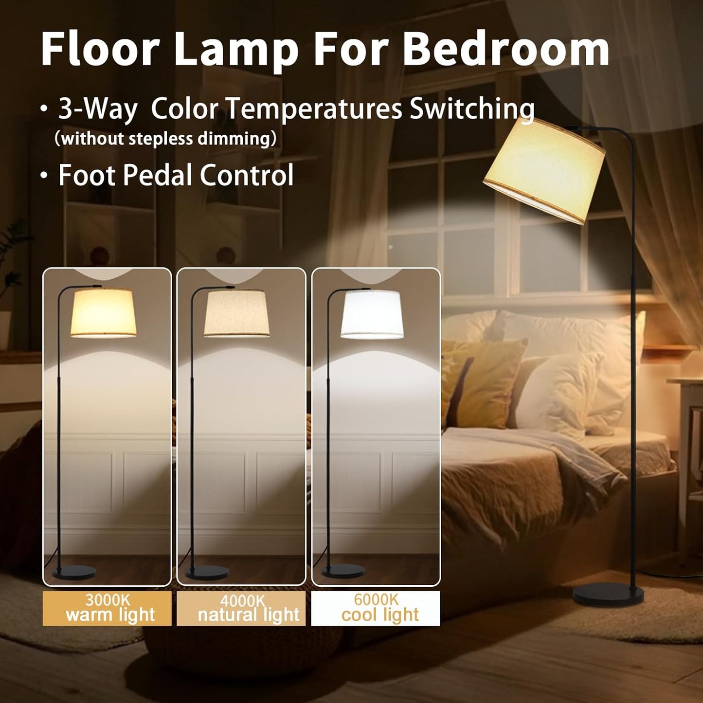 Arc Floor Lamps for Living Room, Modern Floor Lamp for Bedroom, Foot Pedal Control Standing Lamps with Adjustable Linen Lampshade, Tall Lamp with 9W Bulb for Office Reading Room Nursery (Black)