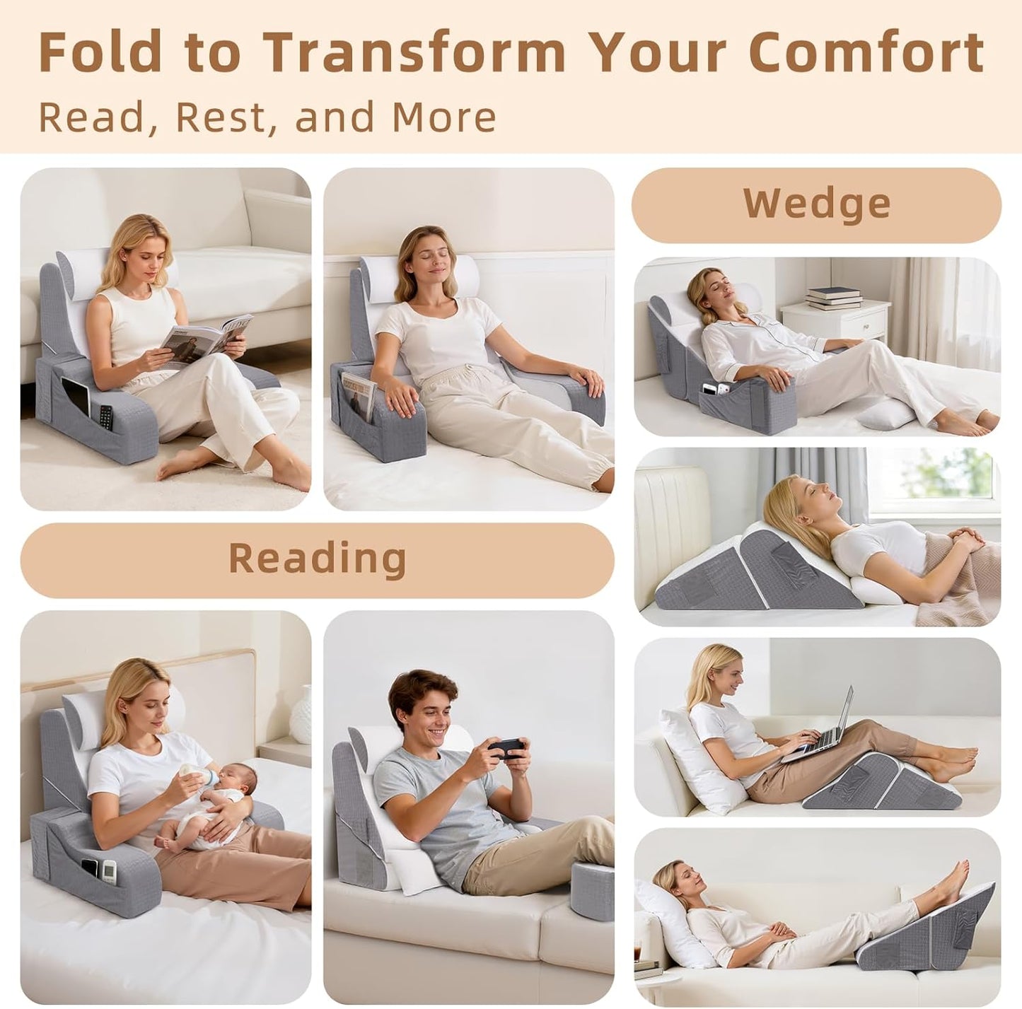 5PCS Reading Pillow for Sitting in Bed Adult, 2 in 1 Foldable Back Wedge Pillow for Sleep, Ergonomic Back Support Pillow with Arms for Watching TV, Gaming, Working, Recovery, 19” White/Grey