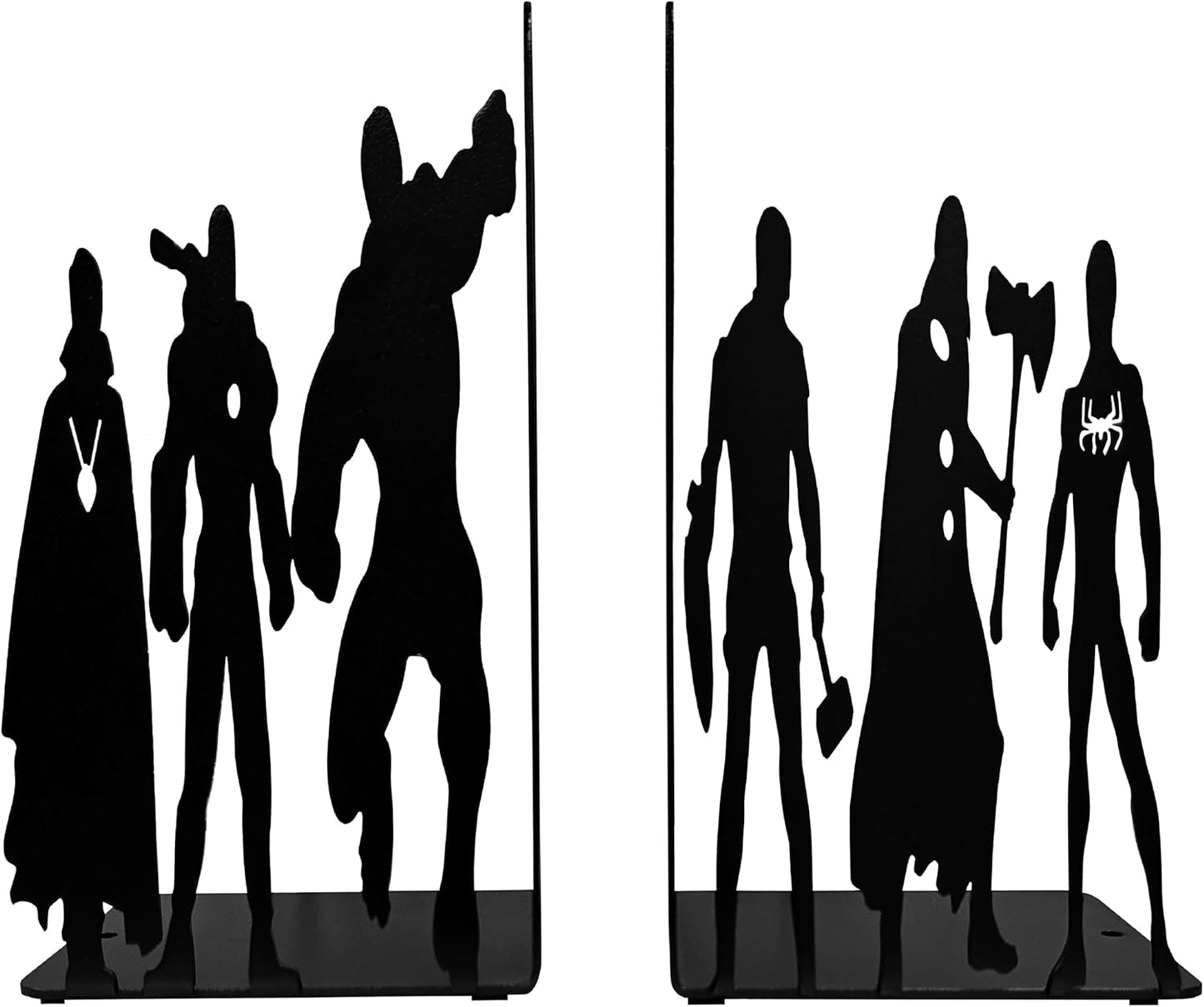 Superhero Metal Bookends, 8 inch Height, 11 inch Width, 4 inch Depth, Black Powder Coated, 3 lbs, Decorative Bookends for Shelves