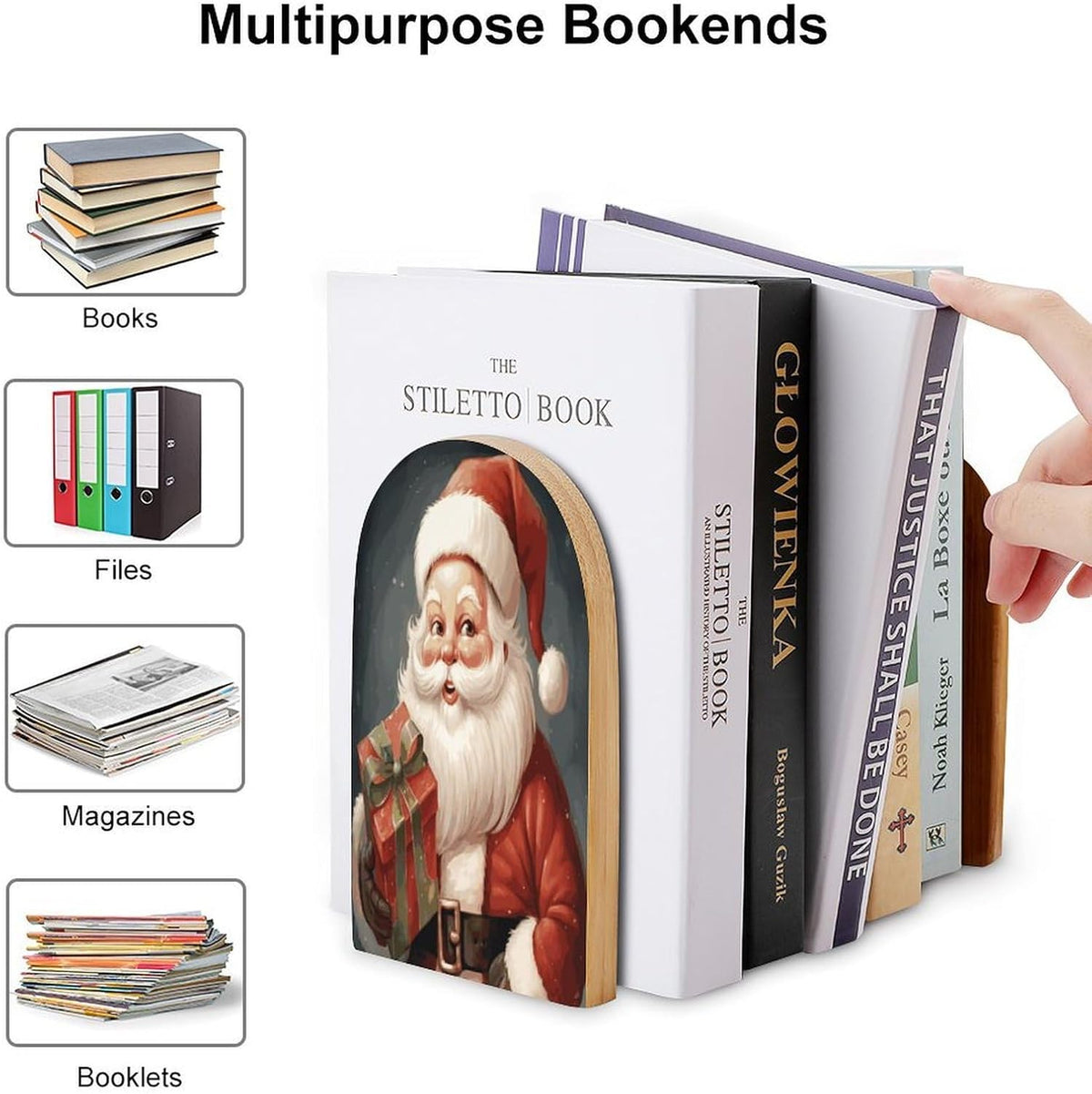 Santa Claus with Box Wooden Bookend Non-Slip Book Ends Heavy Duty Book Stopper with Metal Base Books Holderd Decorative Bookends Stands Firmly for Office Supplies