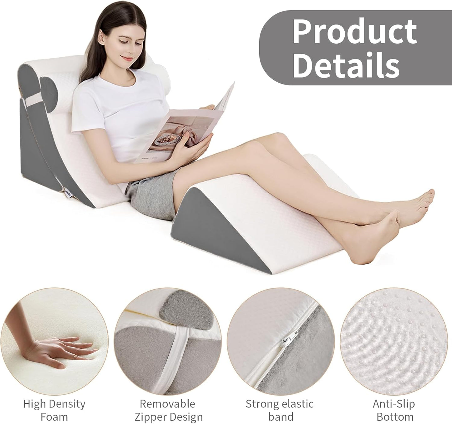 4PCS Orthopedic Bed Wedge Pillow Set for Post Surgery & Pain Relief, Adjustable Wedge Pillow for Back,Acid Reflux,Sitting up in Bed,Recovery,Snoring,Body Pillow for Sleeping (White/Dark Grey)