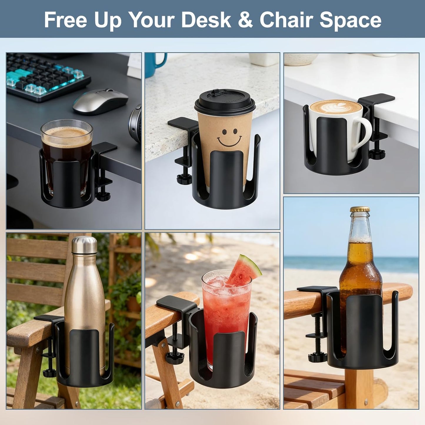 Large Desk Cup Holder Clamp, Anti-Spill Cup Holder Clip on Table or Chair Armrests, Easy to Install, Diameter 3.9 Inch, Fit Most Cups Coffee Mugs Bottles and Drinks -Black