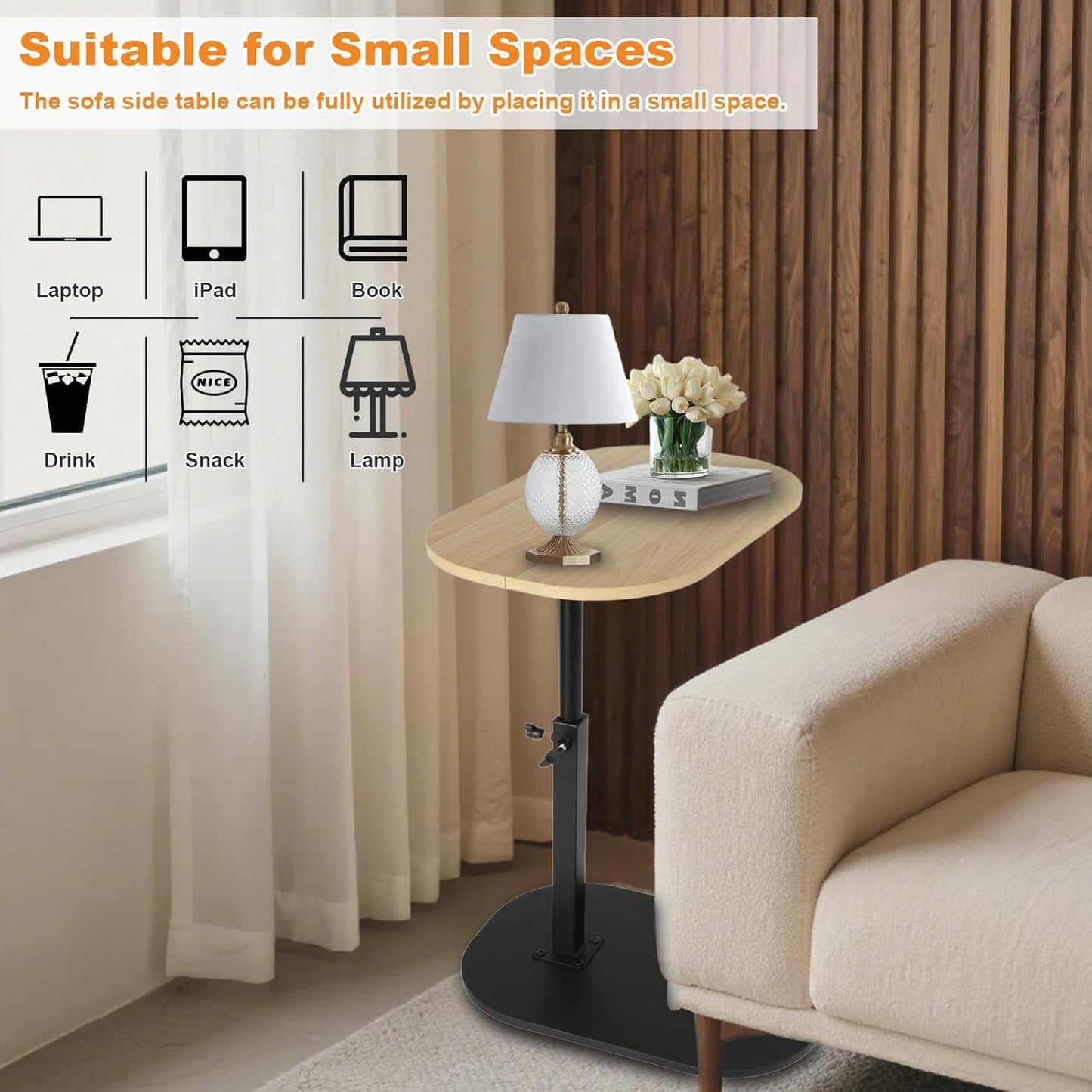 Side Table TV Tray for Couch,Height Adjustable 360° Swivel C Shaped End Table for Small Spaces,Bedside Bathroom Living Room(Original Wood)