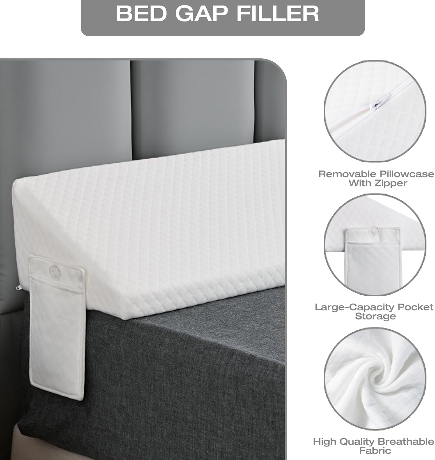 White Full Bed Wedge Pillow for Headboard Gap/Bed Gap Filler/Mattress