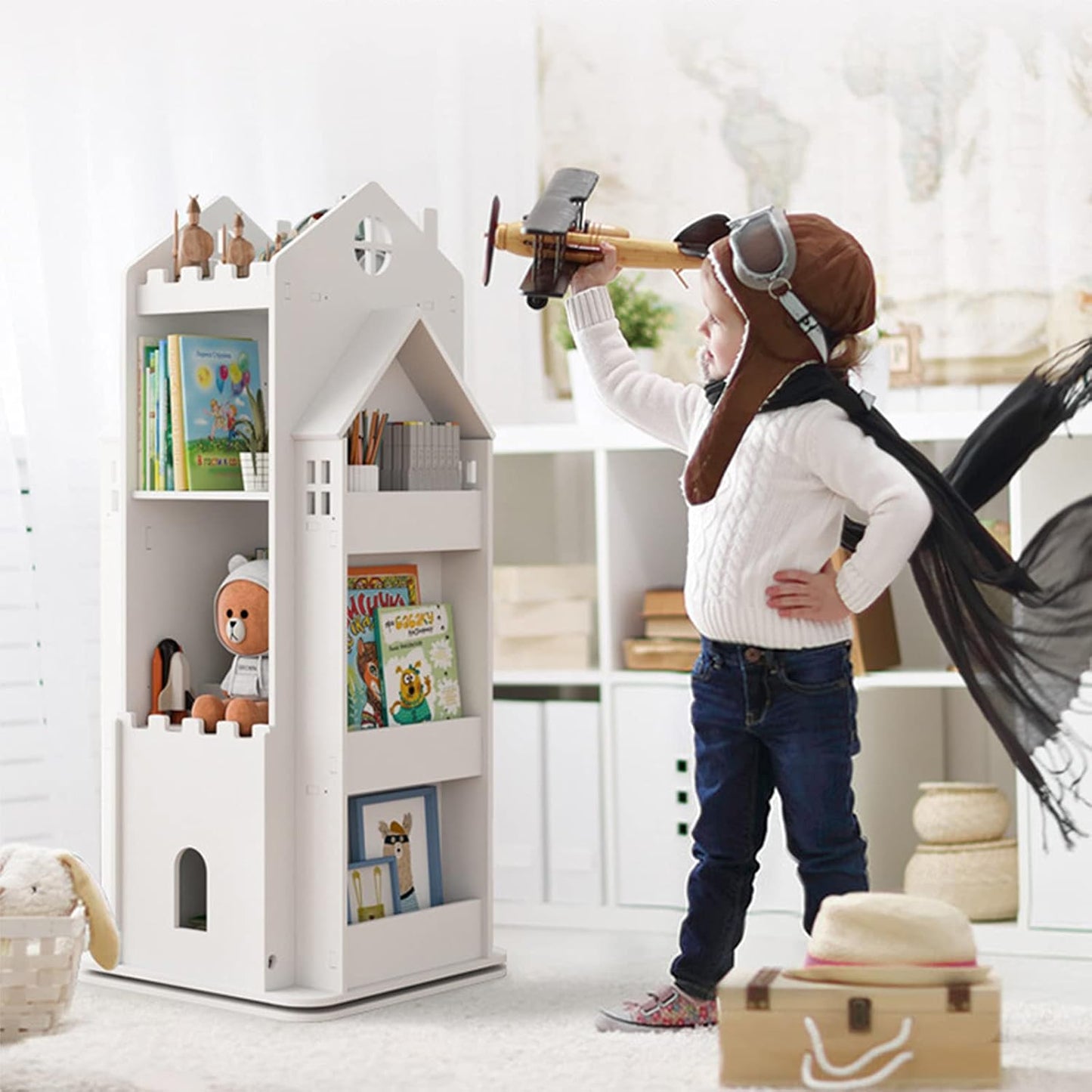 Revolving Bookcase,360° Children Bookshelf,Multi-Functional Floor Standing Book Storage Rack Organizer for Kids Room Bedroom-White 45x45x108cm(18x18x43inch) 68ps5-001