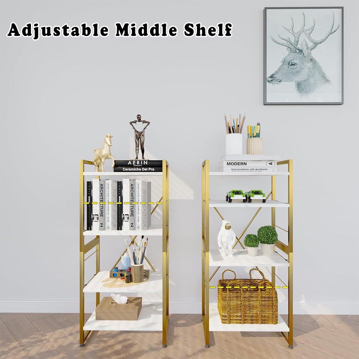 4 Tiers Bookshelf Adjustable White Faux Marble Organizer, Modern Small Bookcase for Small Space,Industrial Wooden Storage Display Rack and Storage Organizer for Living Room Home Office(Glod)