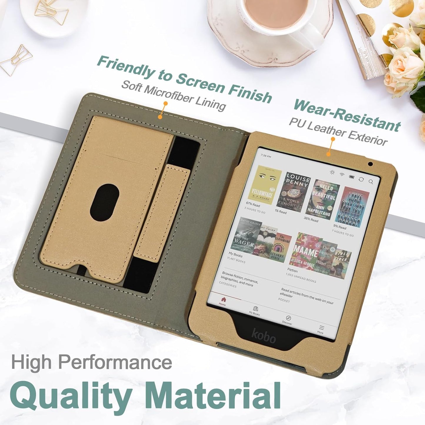 Stand Case for Kobo Clara BW/Colour 6 Inch 2024 Release, Premium PU Leather Sleeve Cover with Card Slot, Hand Strap and Atuo Sleep/Wake, Khaki