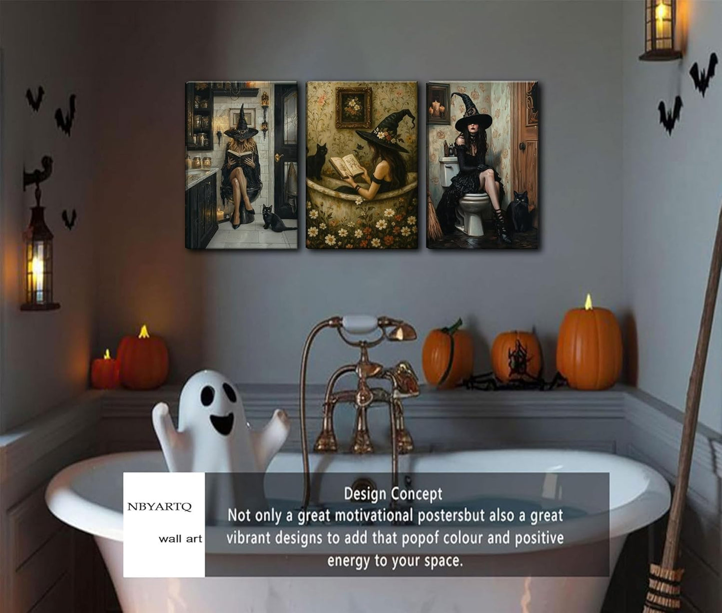3Pcs Gothic Bathroom Canvas Wall Art Black Cat and Witch Reading Book in Bathtub Poster Prints Dark Academia Wall Decor picturesfor Bathroom Gallery Toilet Restroom Home Decoration