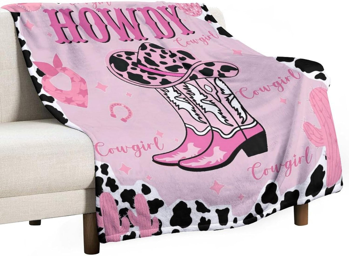 Western Cowgirl Blanket Pink Cowboy Hat Boots Cactus Black White Cow Printed Soft Cozy Lightweight Throw Blanket for Kids Girls Women Bedroom Living Room Dorm Chair Sofa Travel 40x50in
