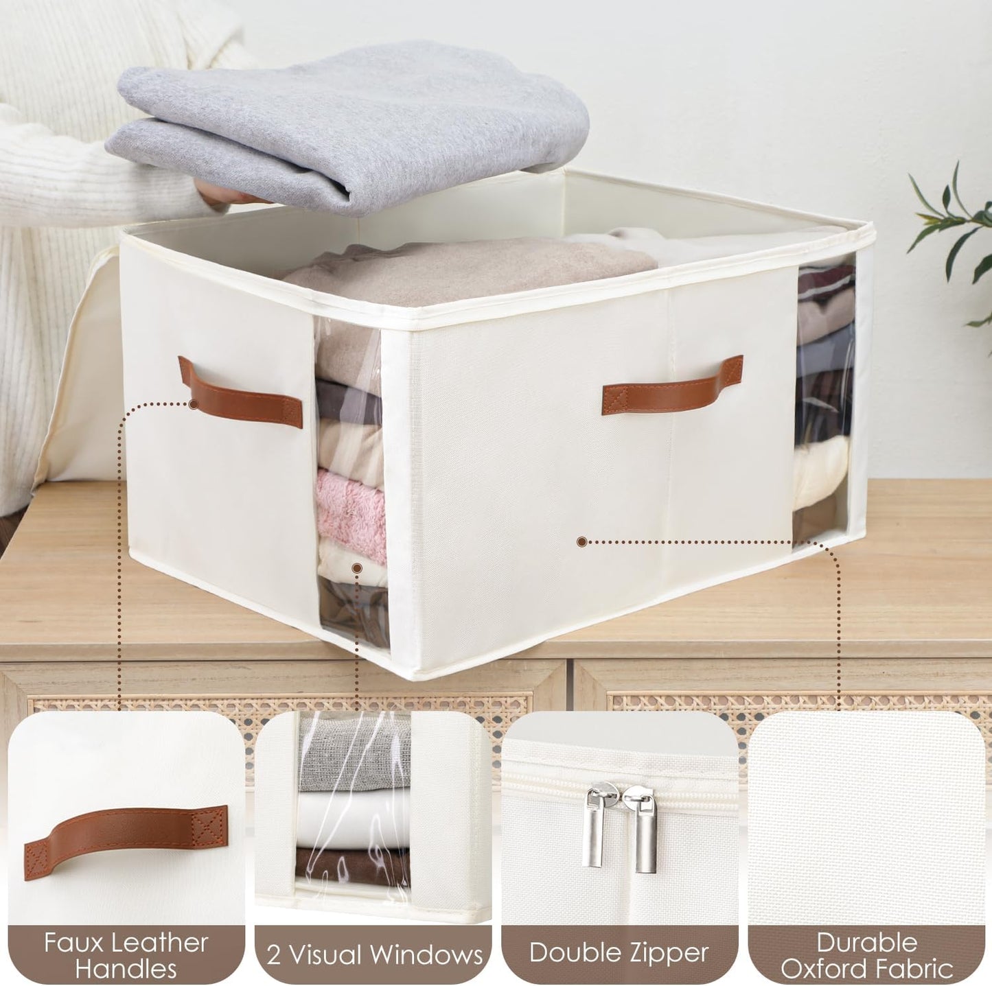 WELTRXE 90L Comforter Storage Bag with Handles, Clothing Storage Container for Quilt, Sheet, Bedding, Large Closet Organizer with Dual Zipper, Underbed Organization and Storage, Beige, 3-Pack