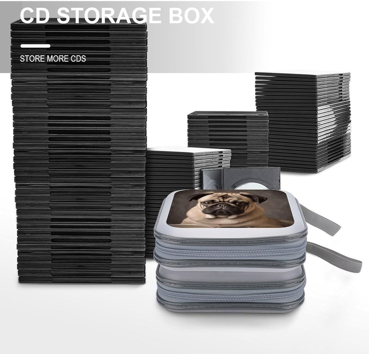 Animal Pug Dog CD Case 40 Capacity Case Zipper CD Collection Bag with Handles Cover DVD Storage Hard Plastic DVD Disc Cases Storage Binder for Car Home Office Travel