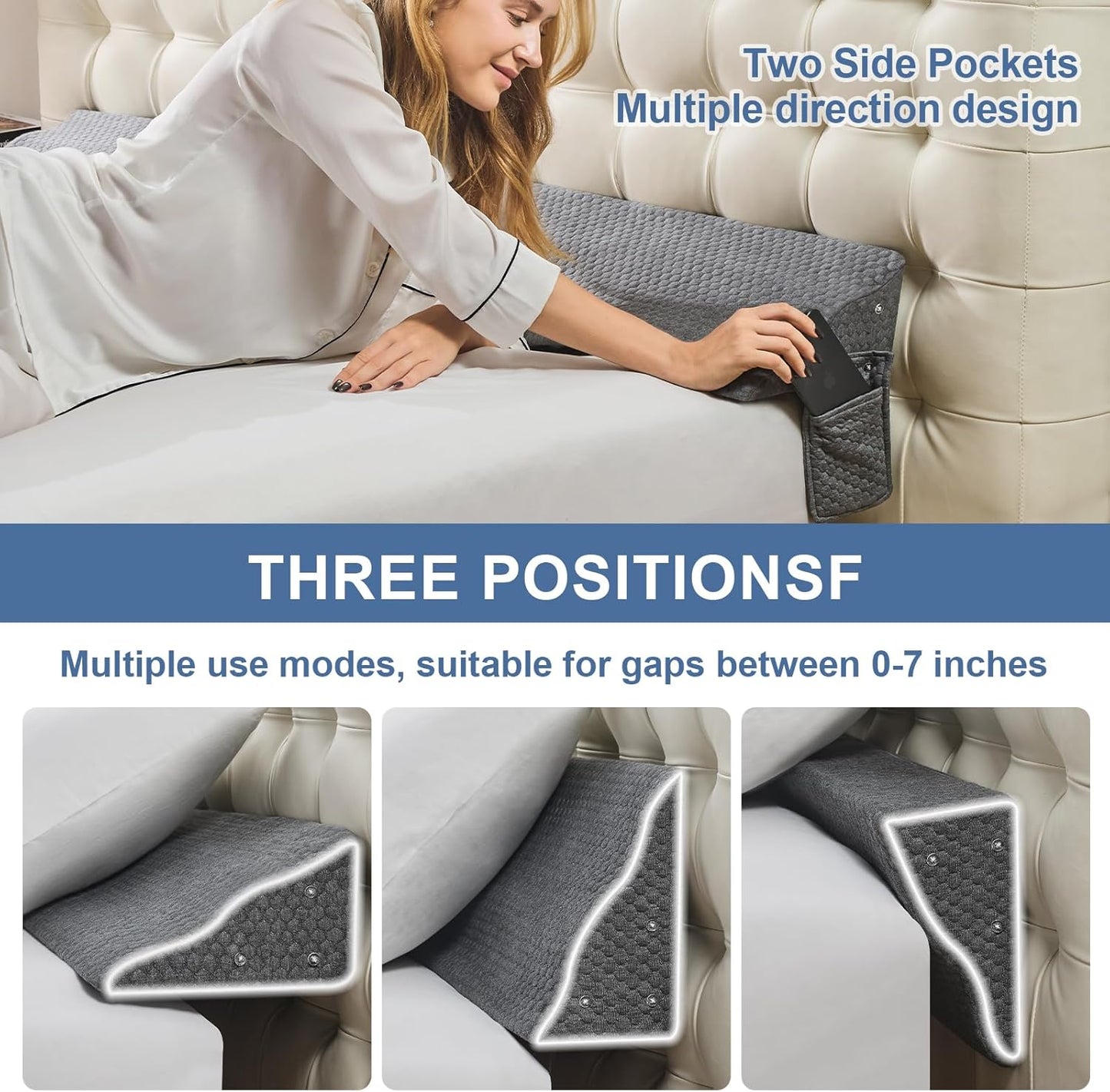 Yojoker Queen Size Bed Wedge Pillow for Headboard Gap, Wedge Pillow Headboard with Side Pockets and Wave Contour, High-Density Foam Bed Gap Filler (0-6"), 60x10x6 Inch, Gray