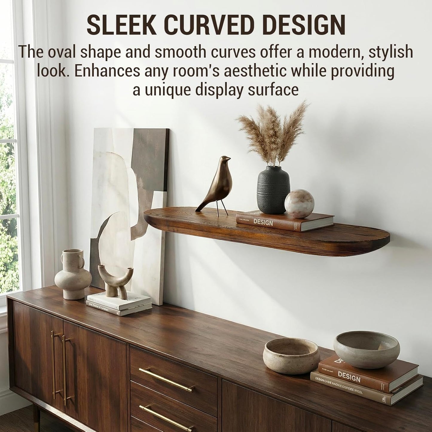 MyGift 32-Inch Premium Curved Oval Solid Wood Floating Shelf, Modern Wall-Mounted Display Rack for Home, Living Room, or Office Décor