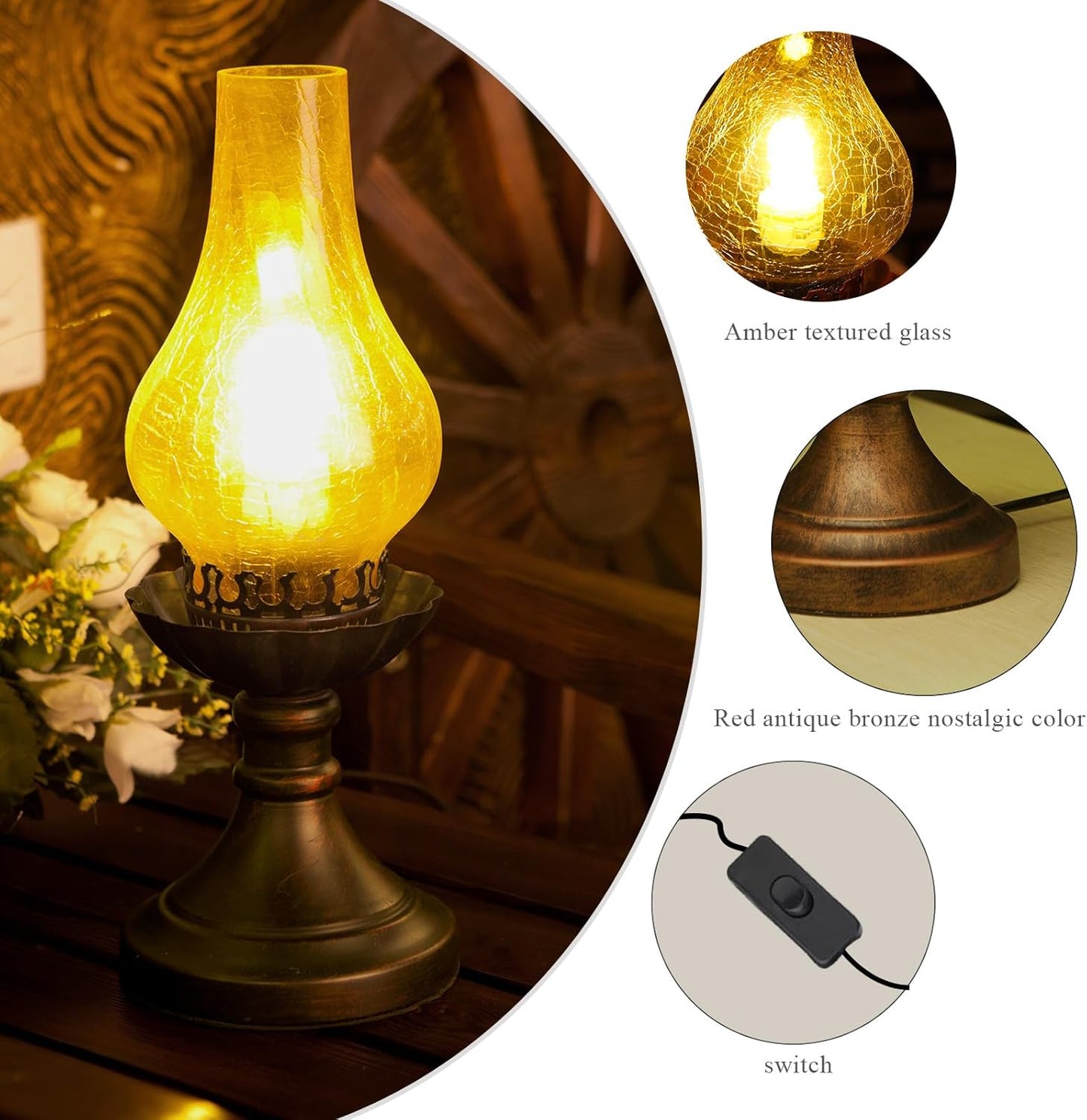 Medieval Vintage Antique Bedside Hurricane Table Lamp，Victorian Retro Amber Glass Lanterns Desk Lamp-Brown Antique Copper