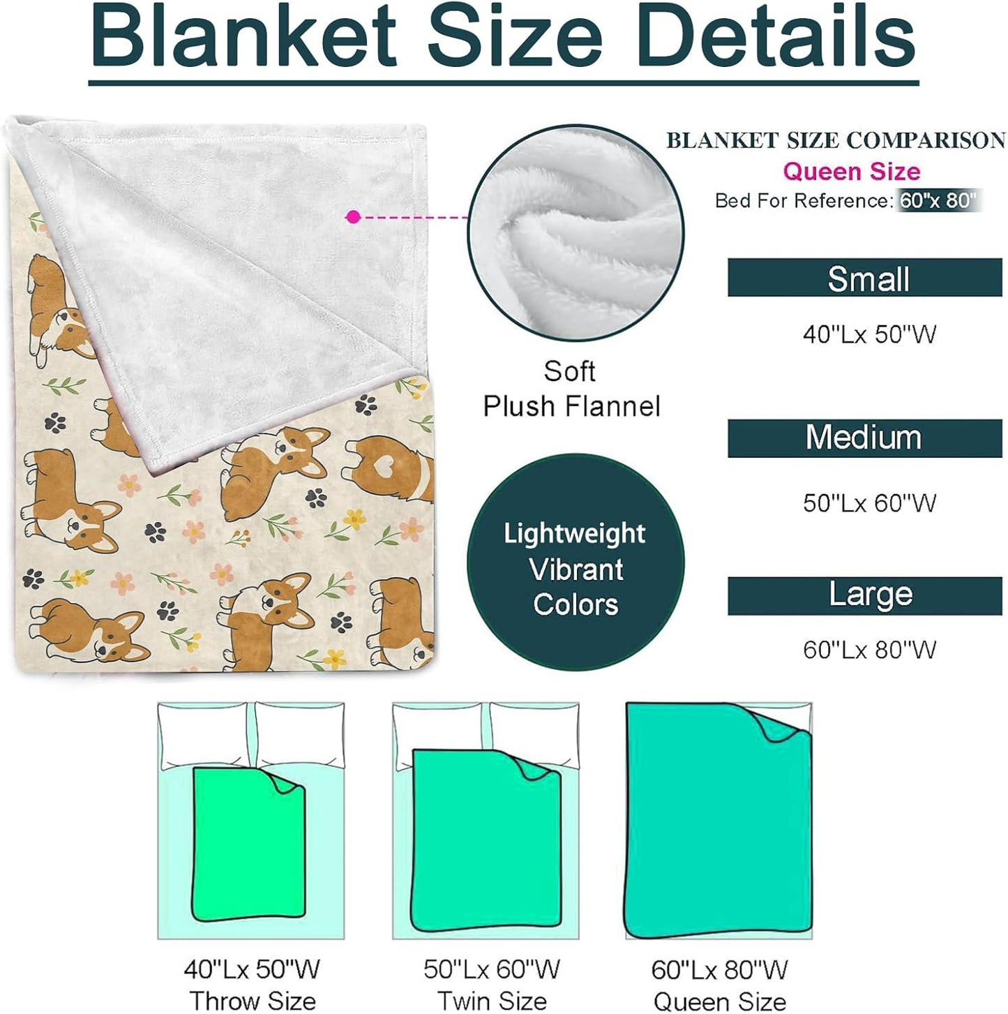 Cute Corgi Dog Blanket, Adorable Puppy Flannel Throw, Soft Cozy Lightweight Throws Blankets for Women Kids Girls, Cartoon Home Decor for Sofa Couch Bedroom Home, 60x50 Inch