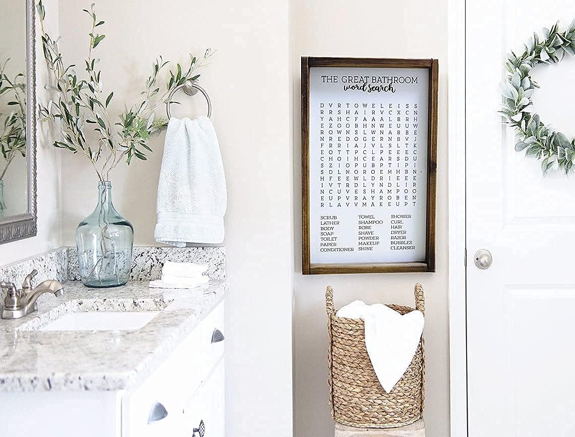 Lavender Inspired Word Search-Framed Wooden Sign-Funny Bathroom Wall Art Decor-Rustic Farmhouse Sign-Half Bath Decor-Kids Decor-Housewarming Present (WHITE)