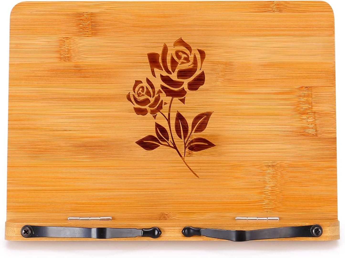 MEGREZ Bamboo Book Stand 13.2 x 9.4 Inch, Foldable Cookbook Holder With 6 Adjustable Heights, Reading Holder for Recipe, Music, Textbook, Tablet Stand, Rose