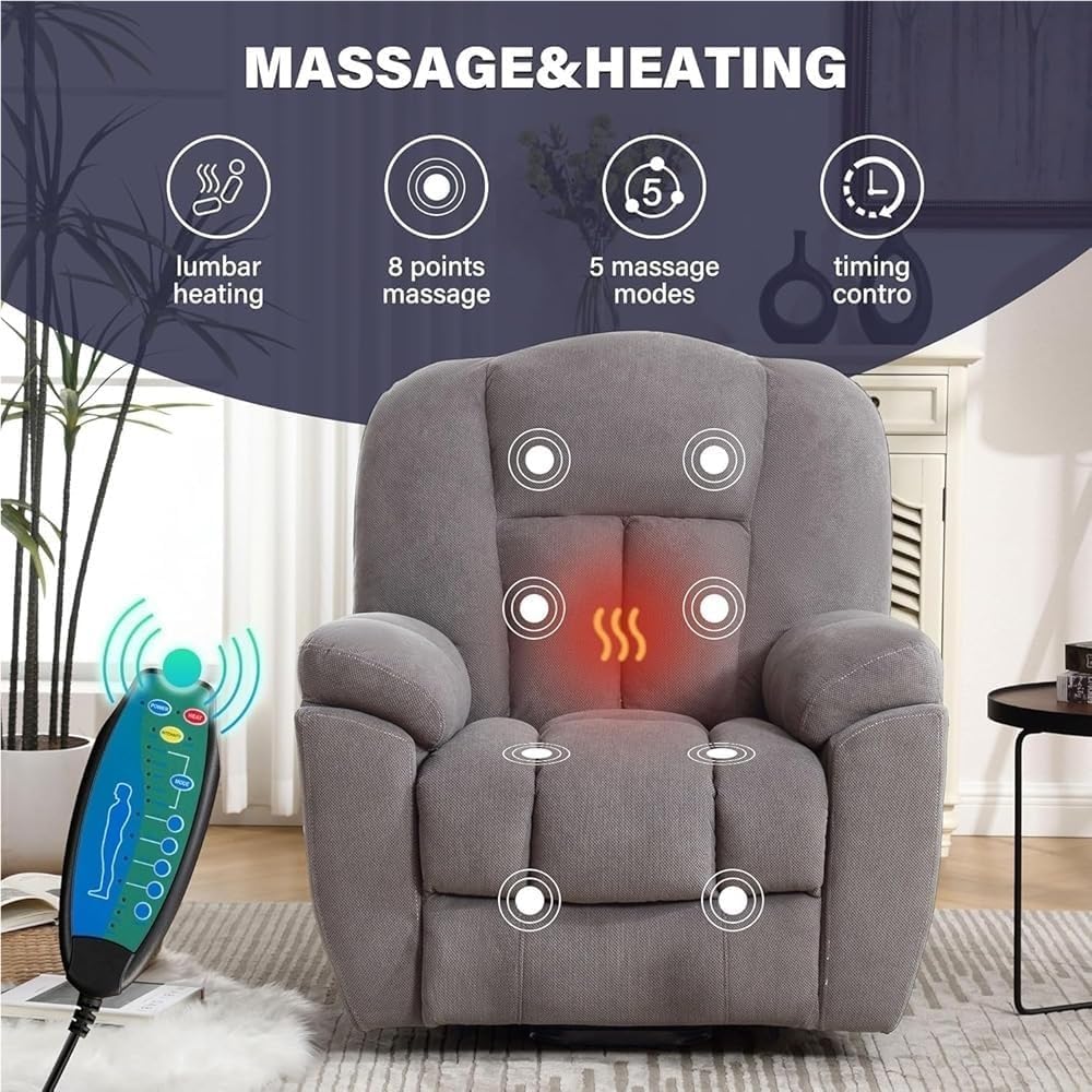 Large Electric Lift Recliner Chair with Heat and Massage Electric Standing Assist Sofa Zero Breathable Fabric with Side Pocket and USB Charge Port for Living Room
