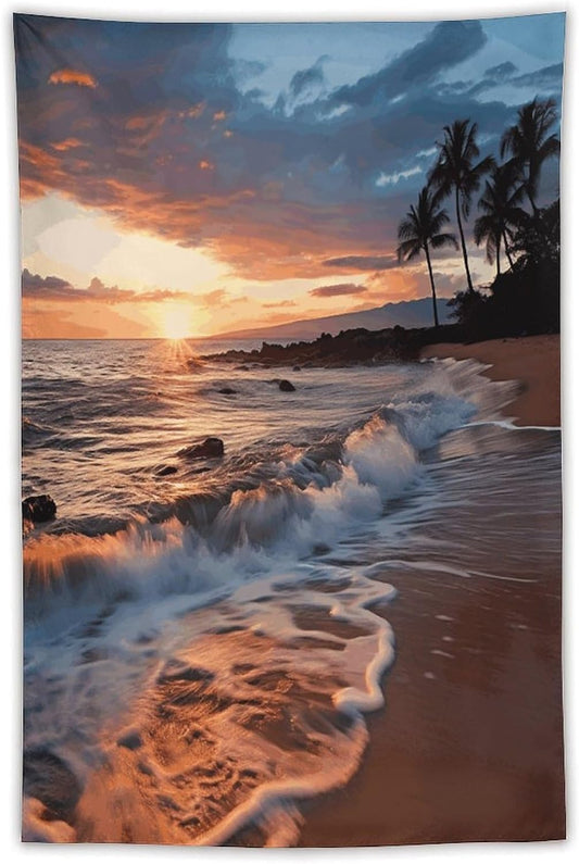 Beach Maui Hawaii Sunset Sea Waves Clouds Tapestry Anti-fading Wall Tapestry with Installation Kit Backdrop Banner Multipurpose Aesthetic Tapestries Boho Wall Art Hanging Decorative Blanket 40"x60"