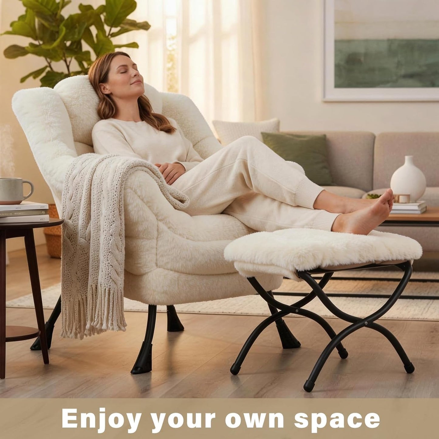 Lazy Chair and Ottoman, Large Plush Beige Contemporary Accent Chair with a Side Pocket, Modern Leisure Upholstered Reading Armchair with Footrest for Office, Bedroom, Living Room, Balcony