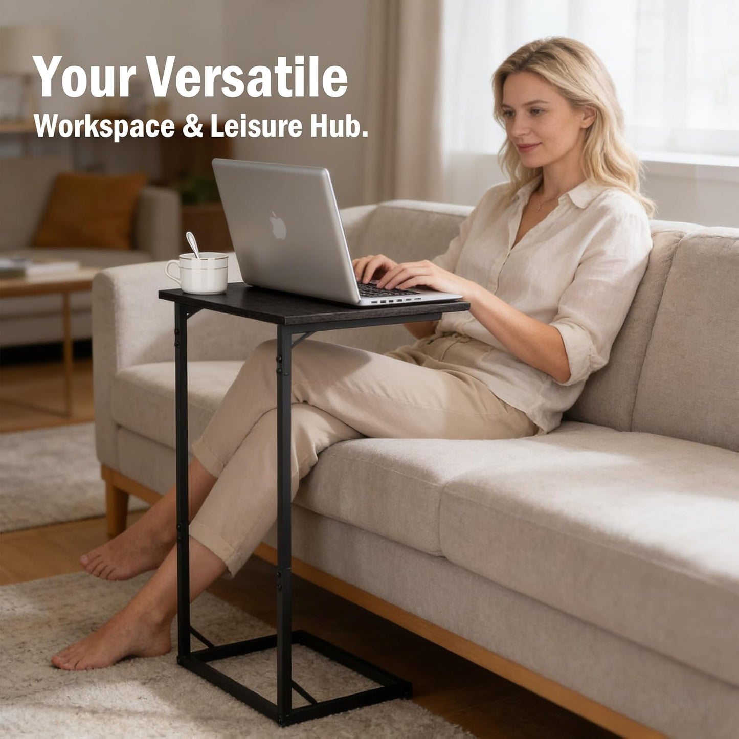 C-Shaped End Table — Slide-Under Sofa, for Laptop / Coffee / Snacks, Easy Assembly, Modern Design
