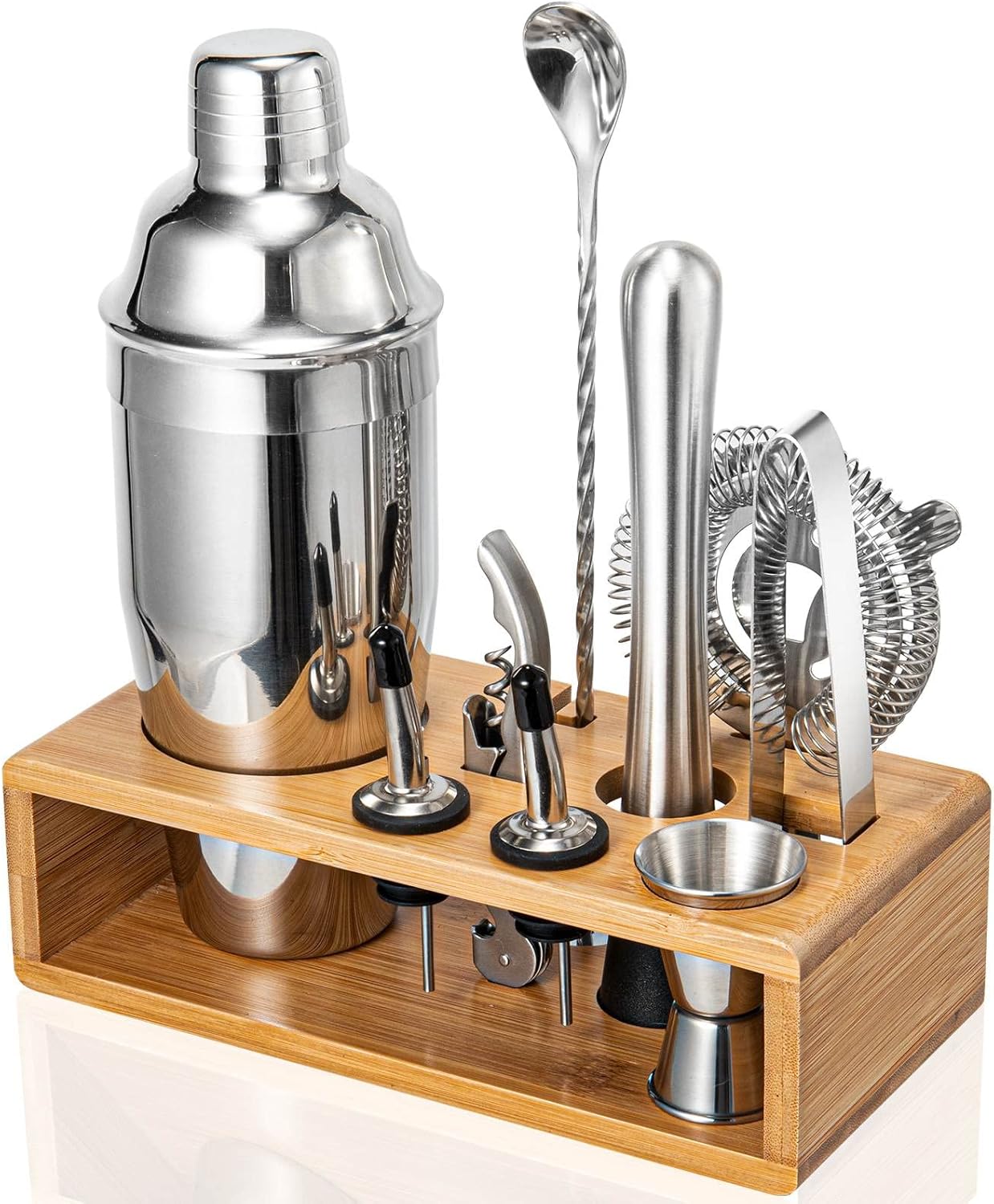 Cocktail Shaker Set, 18/8 Food-Grade Stainless Steel Mixology Bartender Kit 10-Piece Bar Tools with Stylish Bamboo Stand - Rust-Proof & Dishwasher Safe - Professional Martini Shaker Gift for Men, Dad