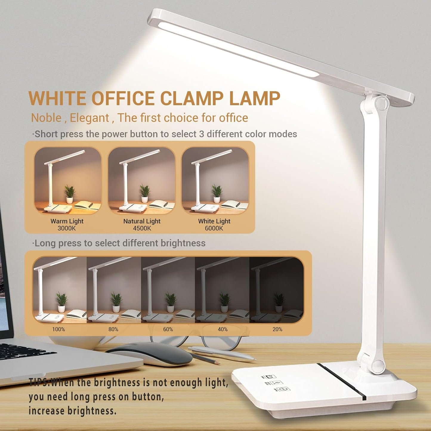 Cordless LED Desk Lamp for Home Office, 6000mAh Rechargeable Battery Operated Table Lamps,Eye-Caring Reading Lamp for Students, 3 Lighting Modes & Brightness Dimmer Light for Kids Study