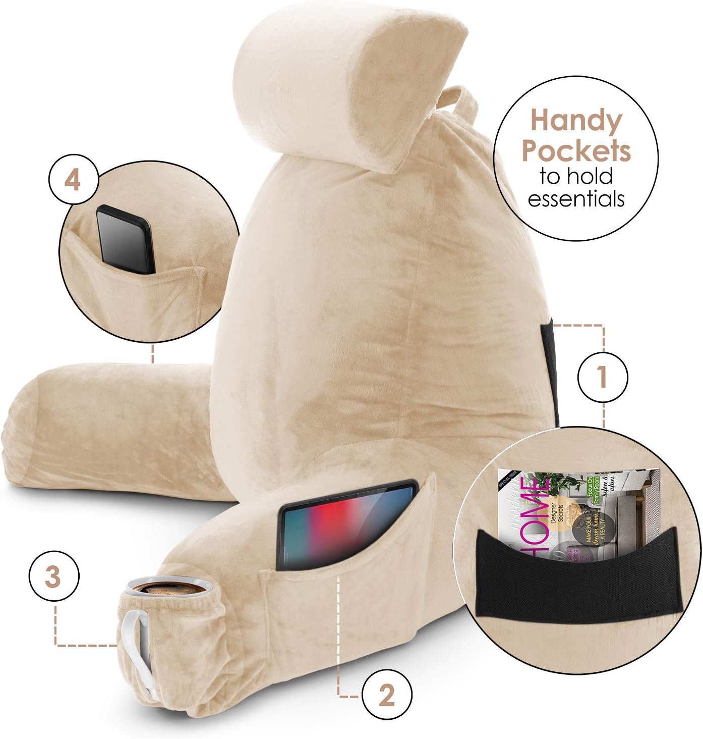 Clara Clark Reading Pillow, Back Rest Pillow for Sitting in Bed with Arms for Kids & Adults - Premium Shredded Memory Foam TV Sit Up Pillow - Large, Cream