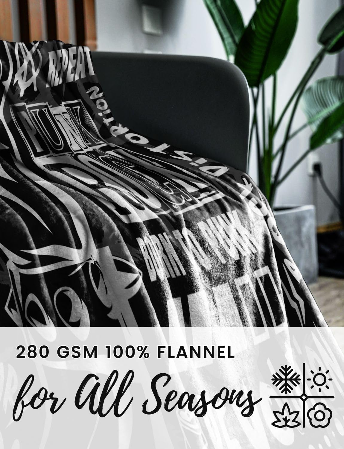Punk Gifts, Punk Rock Blanket for Punk Lovers, Rock N Roll Lovers, Punk's Not Dead Throw Blanket, Flannel Blanket 65 x 50 Inches - Black