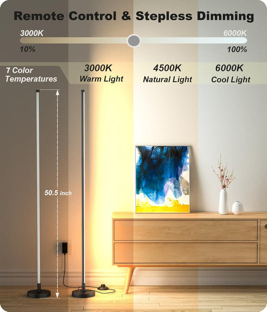 Corner Lamp, Minimalist LED Lamp with Remote Control, Dimmable Corner Light, Corner Floor Lamp Perfect for Living Room, Bedroom, Home Office, 7 Color Temperature 3000K-6000K (Black, 1 Pack)