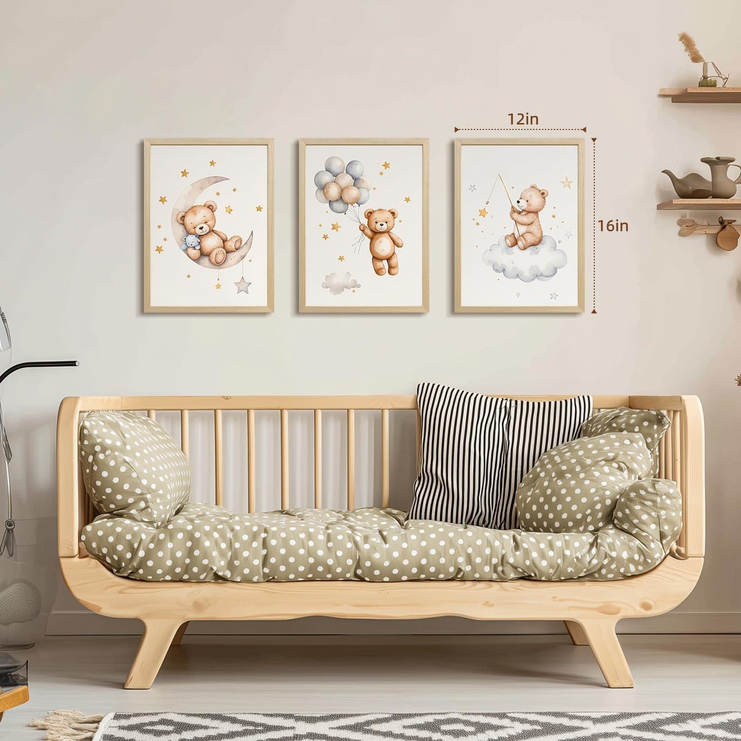 EisEver Baby Nursery Wall Art Set of 3, Bear Moon Cloud Balloon Nursery Decor, Cute Teddy Bear Boys Girls Room Art Prints, Neutral Beige Kids Room Artwork for Bedroom Playroom Wood Framed 16x24 inch