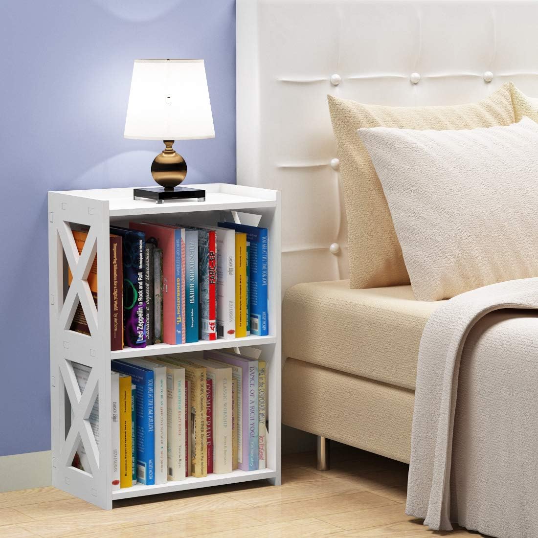 Side Table, 3 Tier 2 Shelf Small Bookshelf Bookcase for Small Spaces, Bedside End Table Nightstand, Kids Book Storage Shelves for Bedroom Living Room Office, White