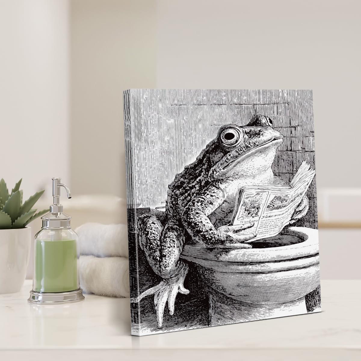 Funny Retro Toad Bathroom Wall Art Toad Reading Newspaper on Toilet Canvas Print Poster Funny Animal Bathroom Wall Decor 11x15 Inch Framed