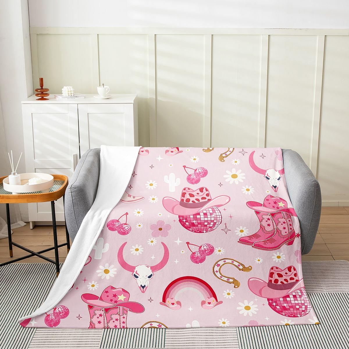 Castle Fairy Cowgirl Hats Boys Girls Flannel Blanket Disco Ball Flower Rainbow Fleece Throw Blankets Western Bull Skull Starry Bed Blanket for Bed Sofa Couch Bedroom Pink Lightweight Blankets 30"x40"