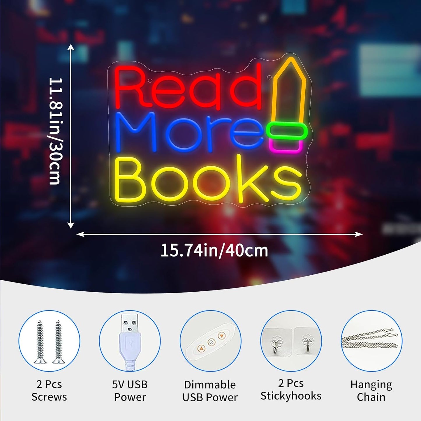 Reading More Books Neon Sign for Wall Decor Light Up Letters LED Sign Birthday Party Signs Led Decorative Night Signs Reading Room Decor Gift for Bookstore Library Student Dorm Bedroom