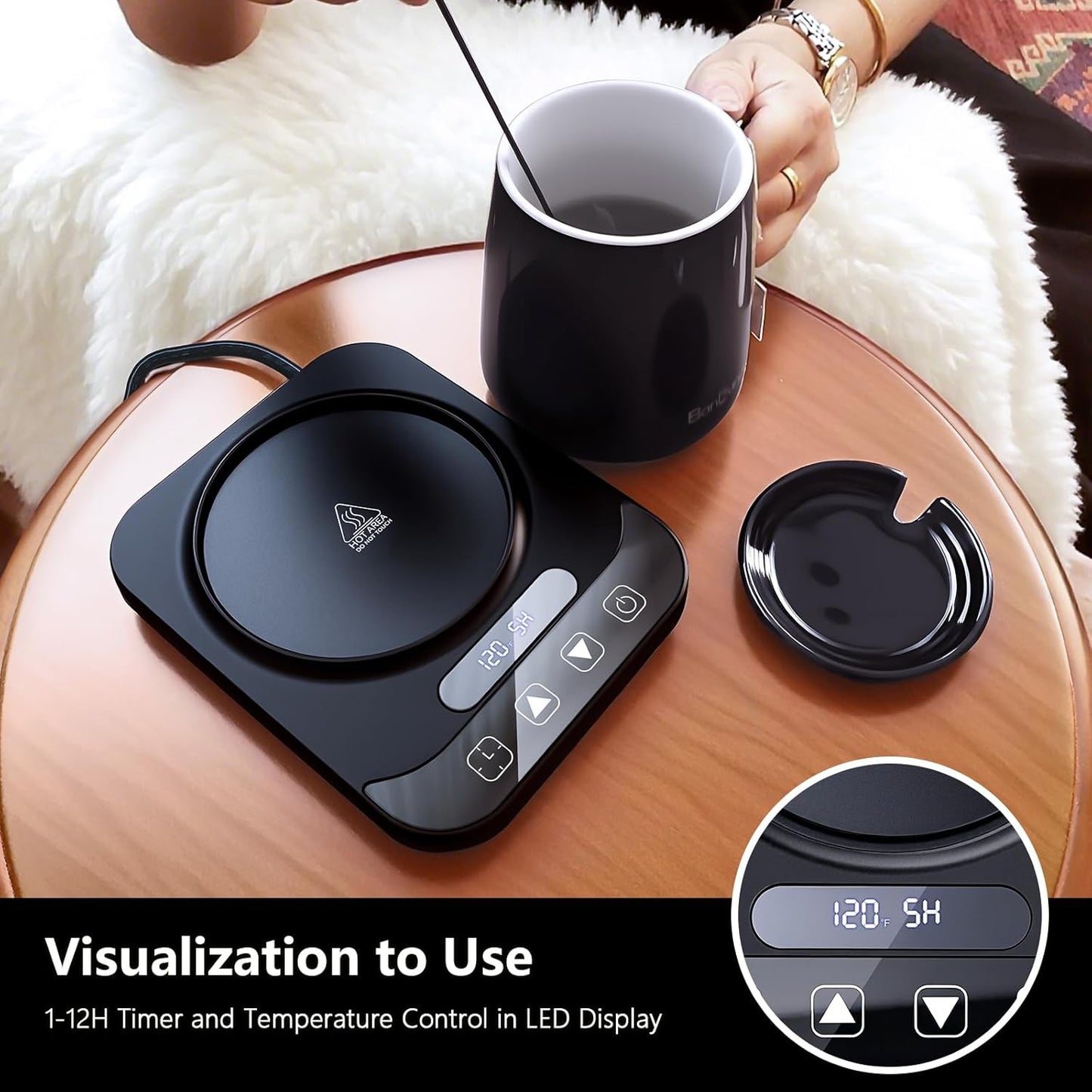 Coffee Mug Warmer Set for Gift: 36W Electric Smart Coffee Cup Warmer with 12 Mode Timer for Desk, Black 9 Mode Temperature Control Display Coffee Warmer Set Gift for Women Mom Men Coffee Lover, 14oz