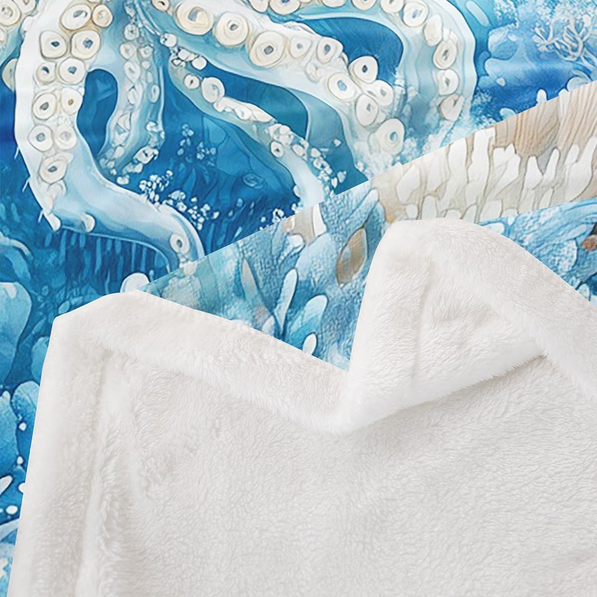 Erosebridal Octopus Plush Sherpa Blanket Ocean Animals Theme Underwater World Coral Fleece Throw Blanket Warm Plush Queen 90"x90", for Kids Boys Girls Adults 3D Printed