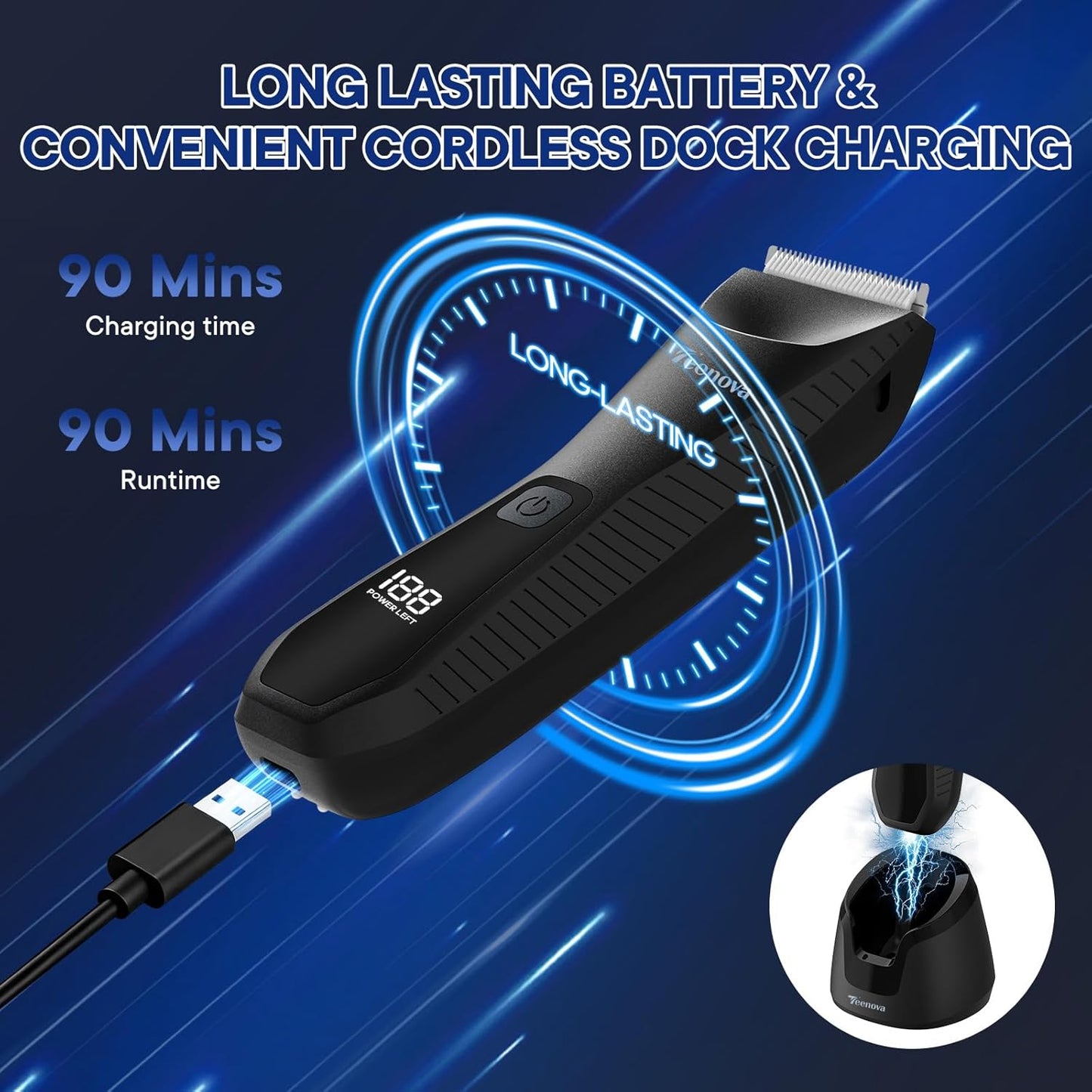 Pubic & Body Hair Trimmer for Men, 2 In 1 Electric Ball Groin Razor Shaver with Ceramic Blade, No Nick Mens Grooming Kit for Wet/Dry Use, Cordless Charging Body Groomer with Led Display, Black