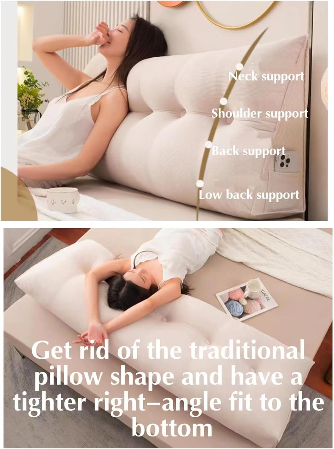 Headboard Cushion Triangular - Soft Large Comfy Reading Pillows for Beds Sofas - Back Lumbar Bolster Support Pillow - Bedroom Wedge Cushions(Size:150x50x20cm,Color:Light Gray)