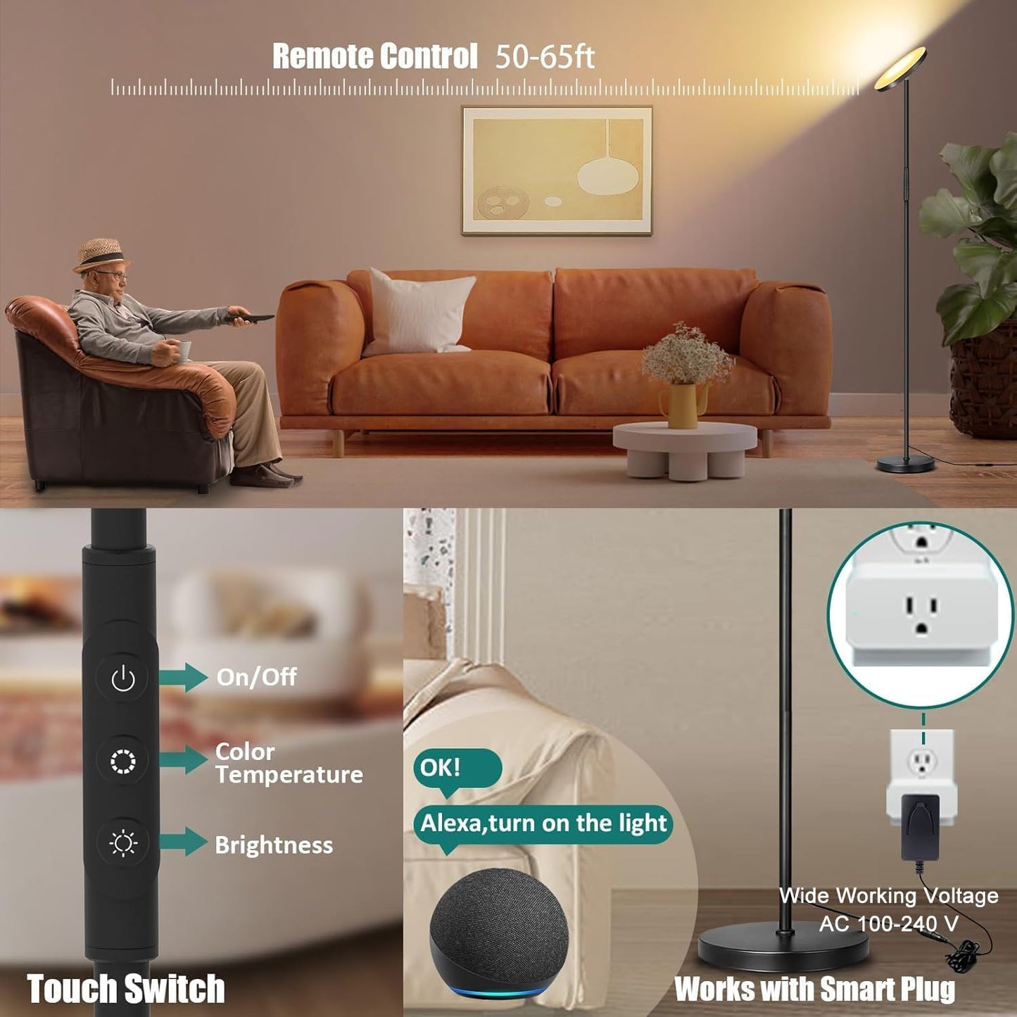 Floor Lamp, Upgraded 40W 4000LM Super Bright Torchiere LED Floor Lamps for Living Room, Stepless Dimmable Color Temperature 2700K-6500K with Remote & Touch Control, Standing Light for Bedroom Office