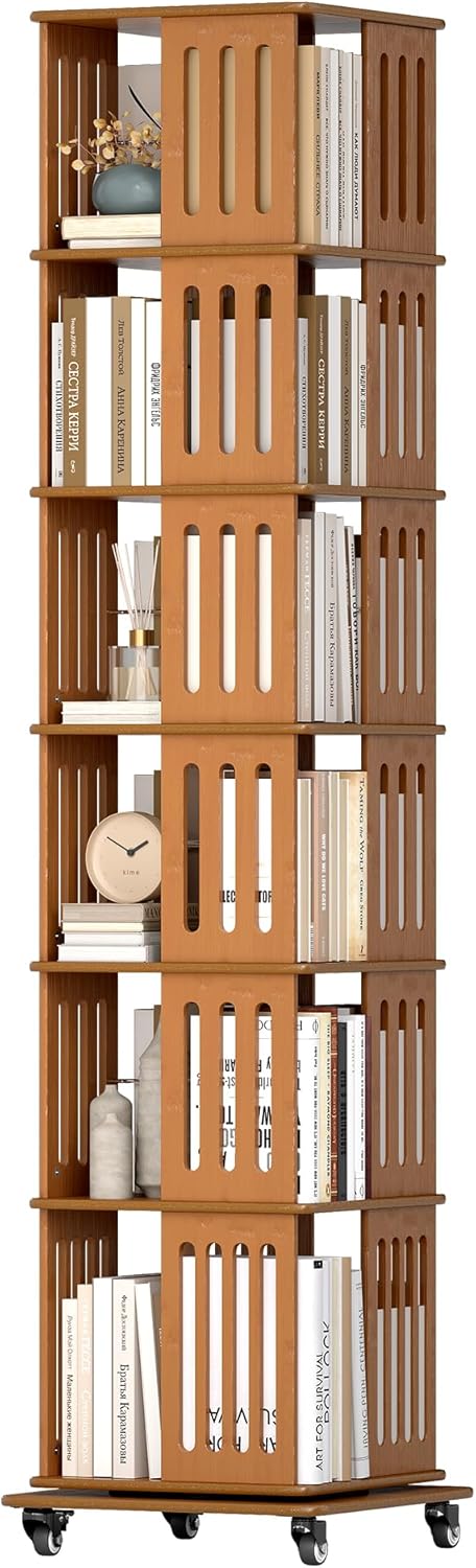 Rotating Bookshelf Tower 6 Tier 360° Bamboo Spinning Bookcase Tall Square Revolving Book Shelf Floor Standing Vertical Space-Saving Storage for Kids Rooms Living Room Bedroom Office - Walnut