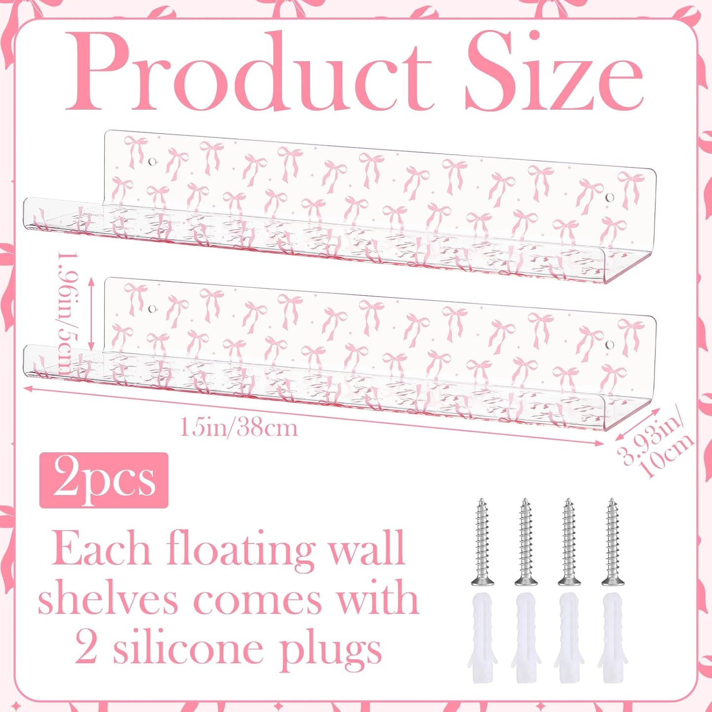 Honeydak 2 Pcs Pink Bow Acrylic Floating Shelves 15 Inch Coquette Acrylic Wall Shelves Pink Bow Display Wall Mounted Bookshelf for Bathroom Bedroom Living Room Kitchen Room Decor