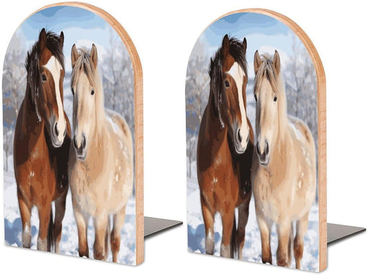 Two Horses Standing in The Snow Wooden Bookend Non-Slip Book Ends Heavy Duty Book Stopper with Metal Base Books Holderd Decorative Bookends Stands Firmly for Office Supplies