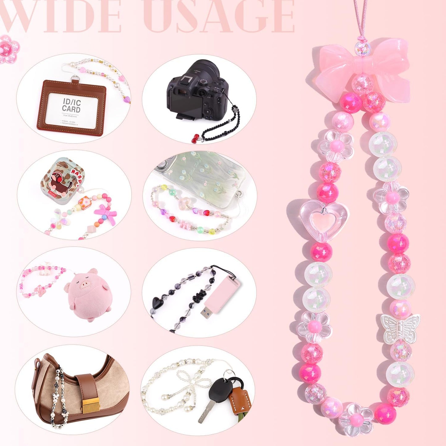 4 PCS Cute Phone Charms Aesthetic Y2K Cellphone Wrist Strap Bedazzling Bear Bow Butterfly Heart Star Flower Accessories Pink Beaded Anti-Theft Chain String for Bag Keychain Airpods Decor
