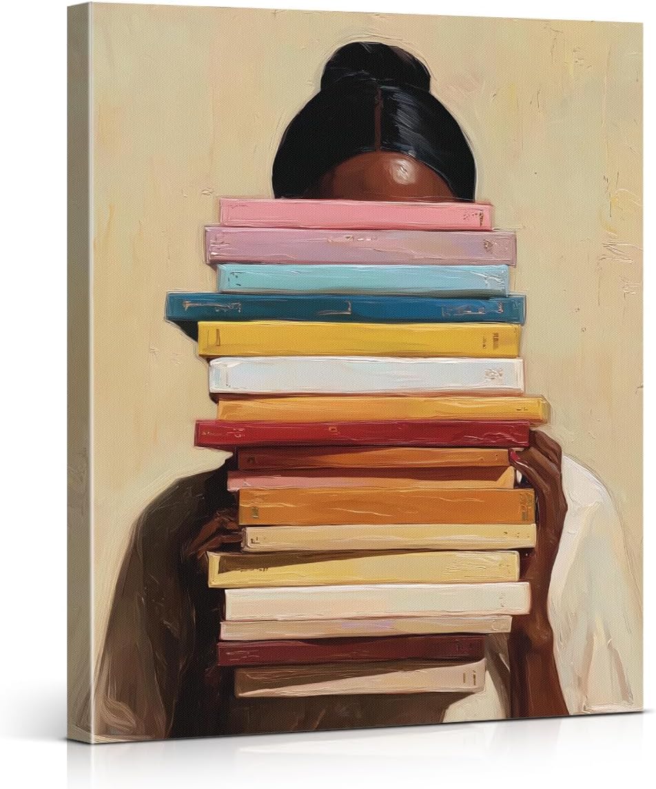 Black Woman Books Wall Art Vintage Woman Reading Canvas Print Poster Bookish Wall Decor for Home Reading Nook Study 8x10 Inch Framed