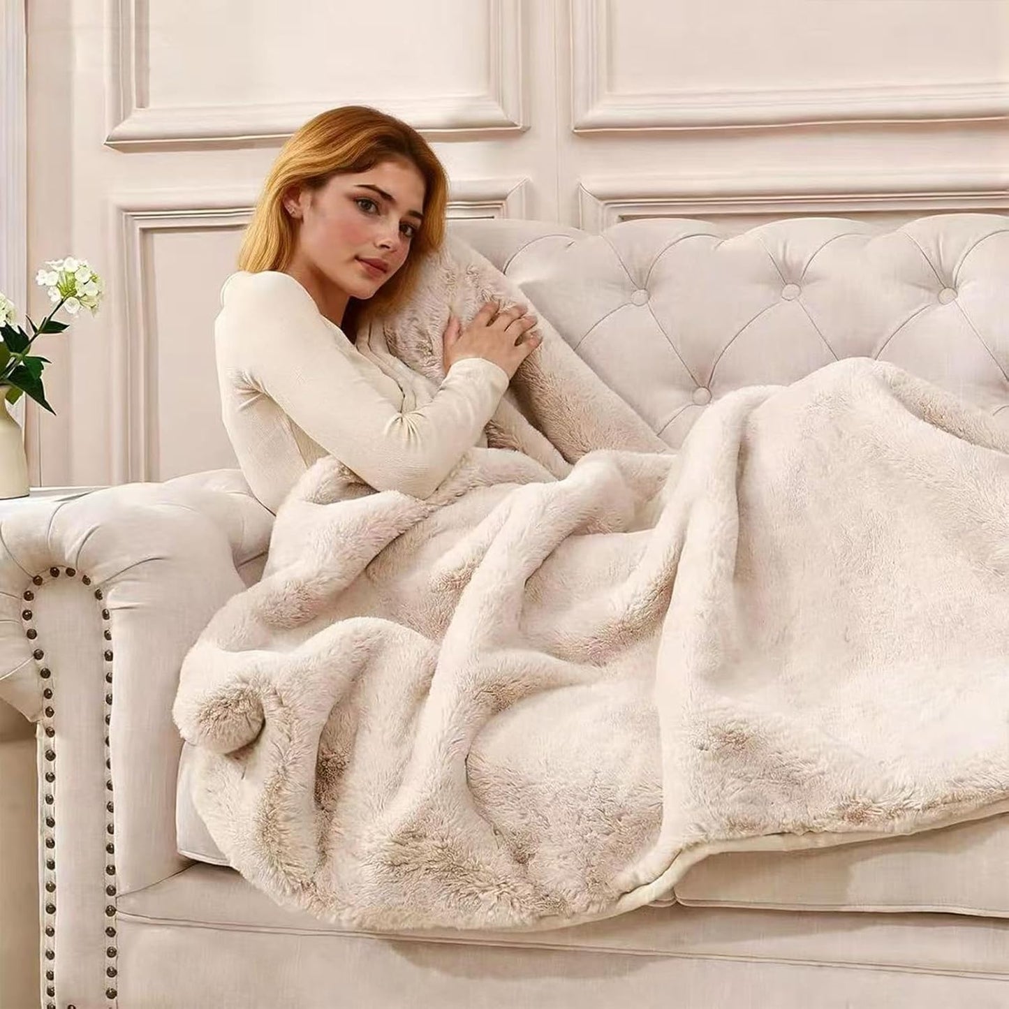 Faux Rabbit Fur Throw Blanket 880 GSM, Ultra Soft Thick Warm Bubble Plush, Reversible Throw for Couch Sofa Bed, Cozy Shaggy Blanket for Bedroom & Living Room(50''*60'',Camel)