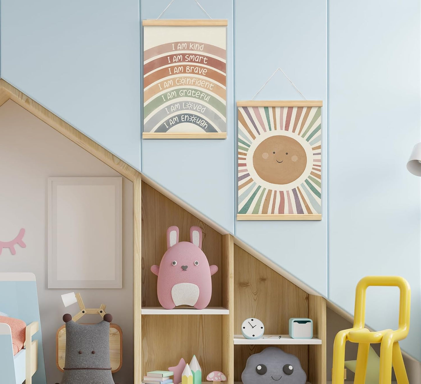 foedor Nursery Kids Room Bedroom Wall Art Decor Boho Cute Positive Affirmations Wall Decor for Toddler Baby Girls Room Classroom Calming Corner Playroom Bathroom Wooden Poster Frames 12x16 Rainbow