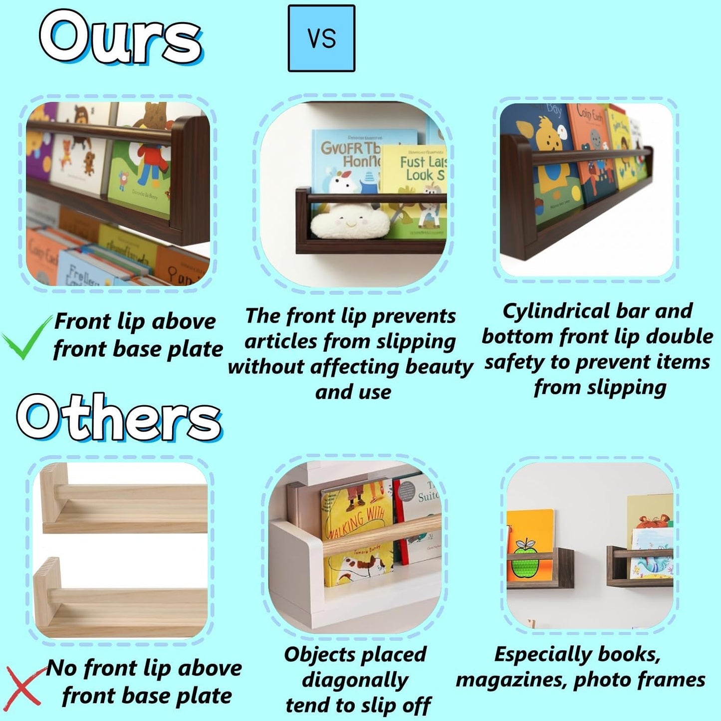 Set of 3 Kids Floating Bookshelves Deep Walnut – 24 Inch Wall Mounted Nursery Book Shelves with Safety Rail – Ideal Storage & Display Shelf for Nursery, Bedroom, and Playroom